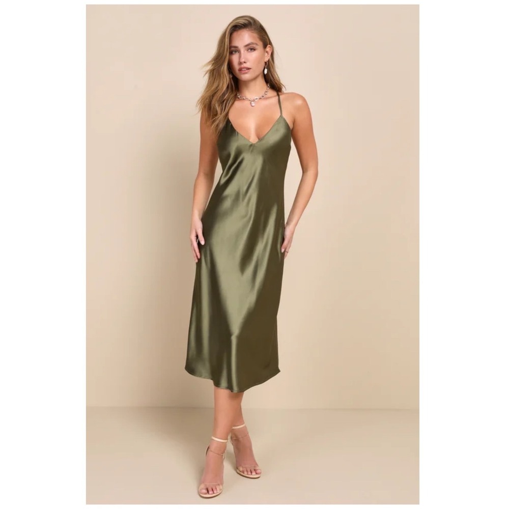 Lulus Exquisitely Chic Olive Green Satin Backless Slip Midi Dress Size Medium